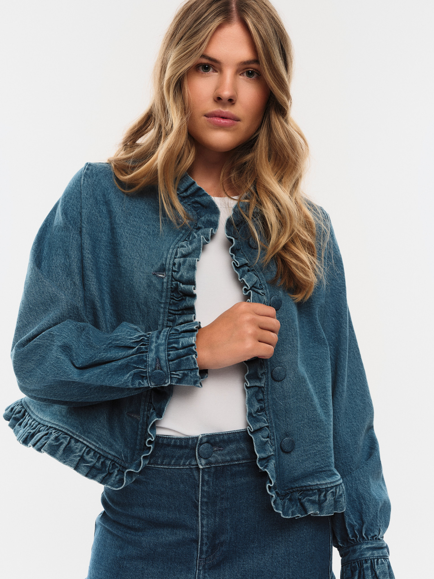 Betty Denim Jacket - ruffle-detail denim jacket