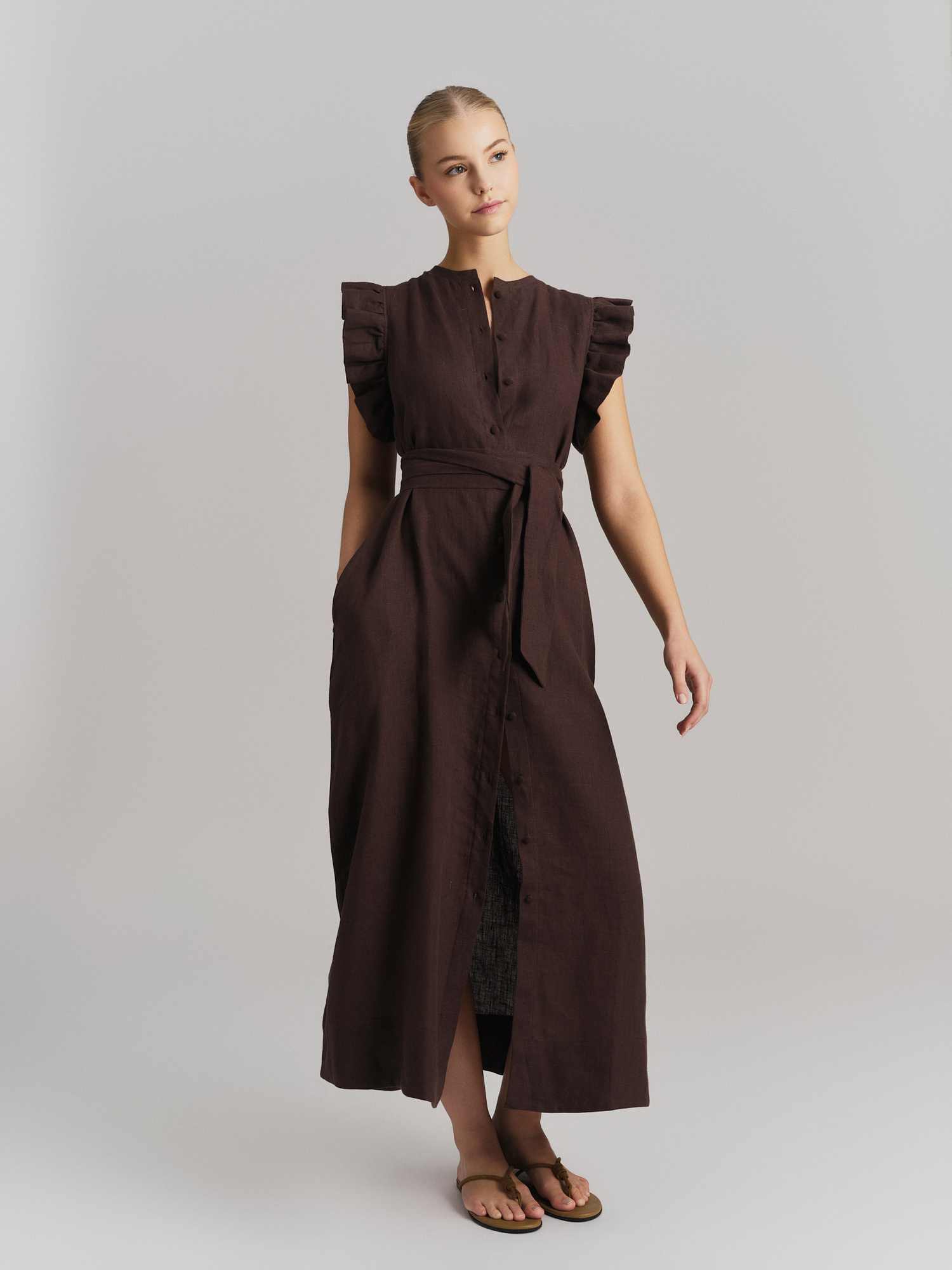 dark brown linen dress Daisy Short Linen Dress: Chocolate Color, Loose Fit (One Size)